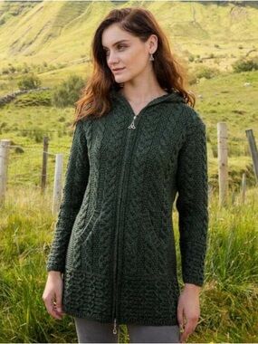 New Aran Crafts Ireland Ladies Merino Cable Design Zip Coatigan ‎‎Army Green M